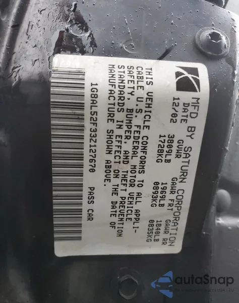 2003 Saturn Ion Level 3 из США, поврежденный, VIN 1G8AL52F33Z127670